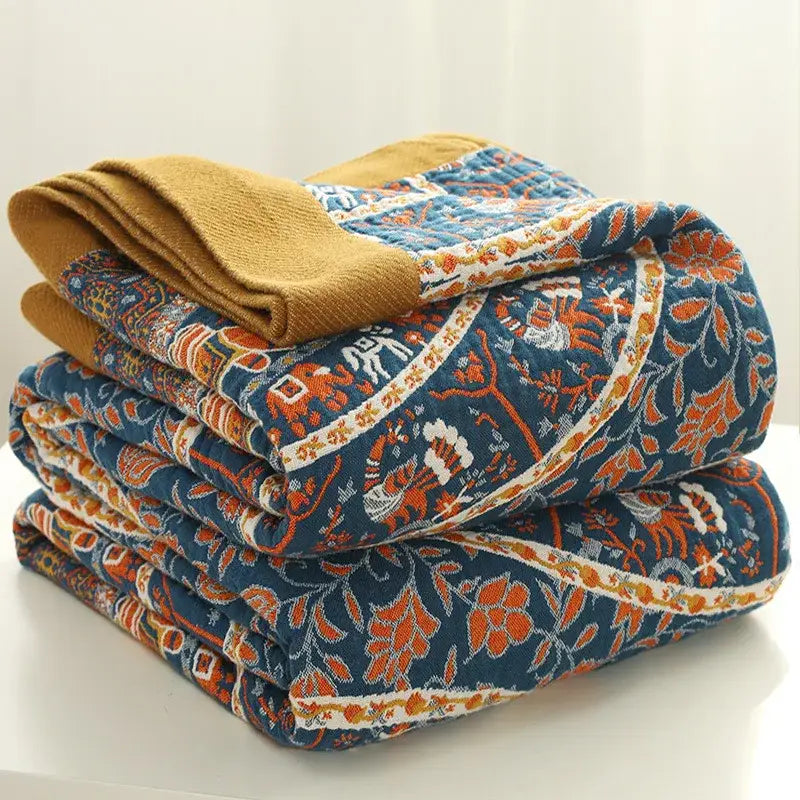 Floral navy & orange cotton picnic blanket bedroom bedspread