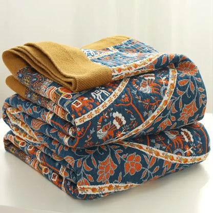 Floral navy & orange cotton picnic blanket bedroom bedspread