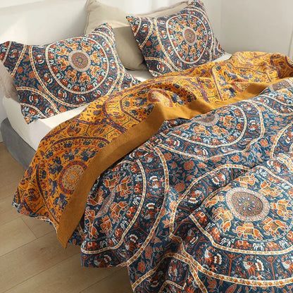 Floral navy & orange cotton picnic blanket bedroom bedspread