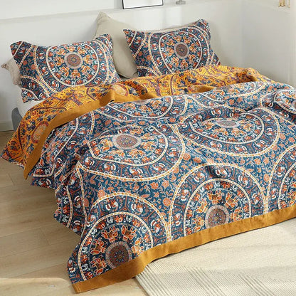 Floral navy & orange cotton picnic blanket bedroom bedspread