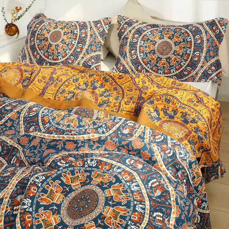 Floral navy & orange cotton picnic blanket bedroom bedspread