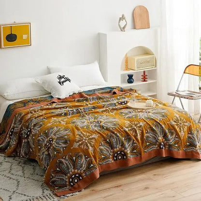Floral orange & blue cotton summer throw blanket – bedroom quilt