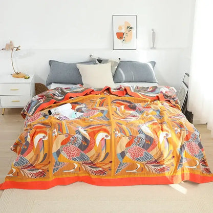 Floral orange & blue cotton summer throw blanket – bedroom quilt