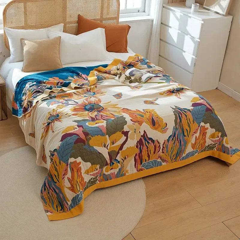 Floral orange & blue cotton summer throw blanket – bedroom quilt