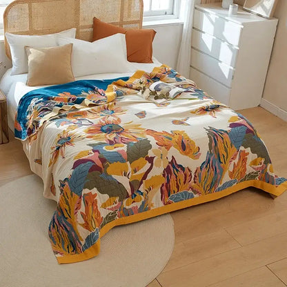 Floral orange & blue cotton summer throw blanket – bedroom quilt