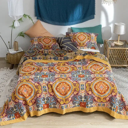 Floral orange & blue cotton summer throw blanket – bedroom quilt