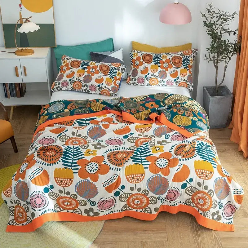 Floral orange & blue cotton summer throw blanket – bedroom quilt