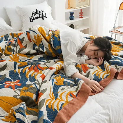 Floral orange & blue cotton summer throw blanket – bedroom quilt