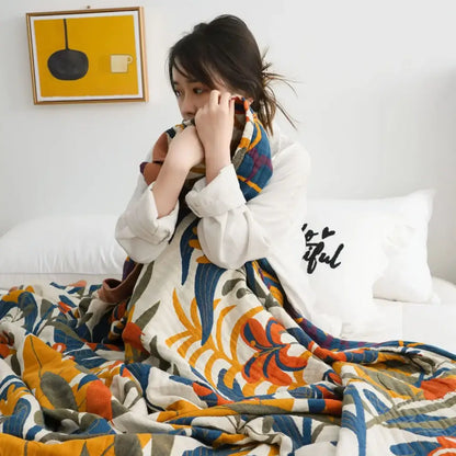 Floral orange & blue cotton summer throw blanket – bedroom quilt