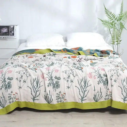 Floral orange & blue cotton summer throw blanket – bedroom quilt