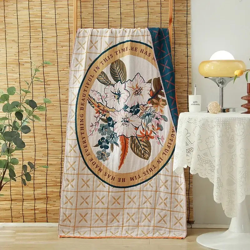 Floral orange & pink cotton gauze adult bath towels bedroom decor