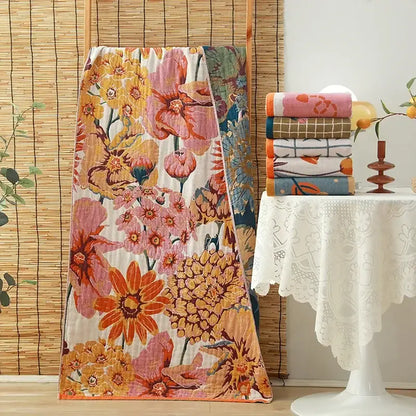 Floral orange & pink cotton gauze adult bath towels bedroom decor