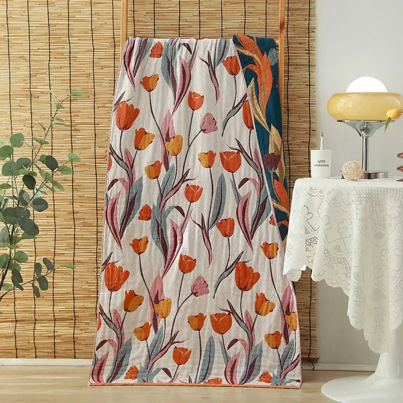 Floral orange & pink cotton gauze adult bath towels bedroom decor