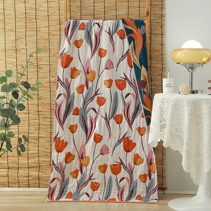 Floral orange & pink cotton gauze adult bath towels bedroom decor