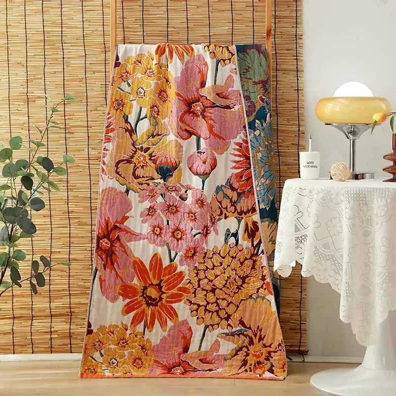 Floral orange & pink cotton gauze adult bath towels bedroom decor