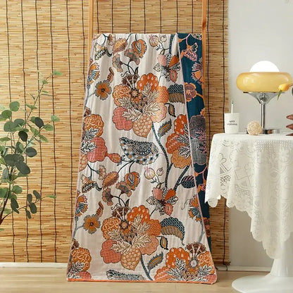 Floral orange & pink cotton gauze adult bath towels bedroom decor