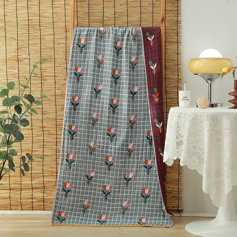 Floral orange & pink cotton gauze adult bath towels bedroom decor