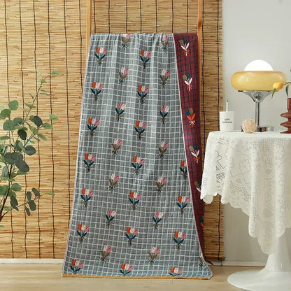 Floral orange & pink cotton gauze adult bath towels bedroom decor