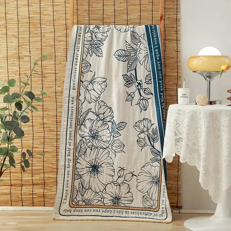 Floral orange & pink cotton gauze adult bath towels bedroom decor