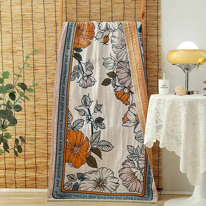 Floral orange & pink cotton gauze adult bath towels bedroom decor