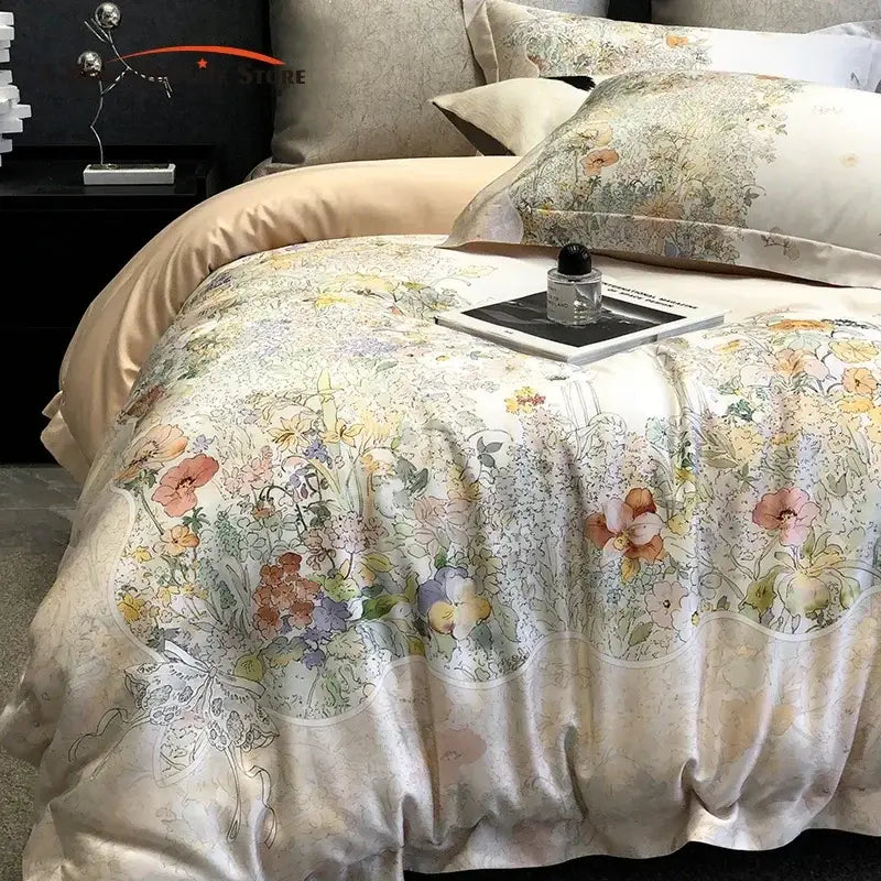 Floral pastel cream lyocell cotton bedding set – bedroom duvet cover