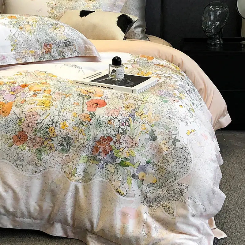 Floral pastel cream lyocell cotton bedding set – bedroom duvet cover