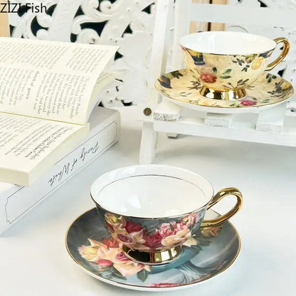 Floral pattern porcelain coffee cup and saucer set dining room tea mug