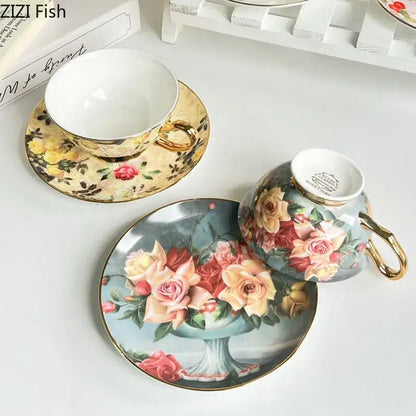 Floral pattern porcelain coffee cup and saucer set dining room tea mug