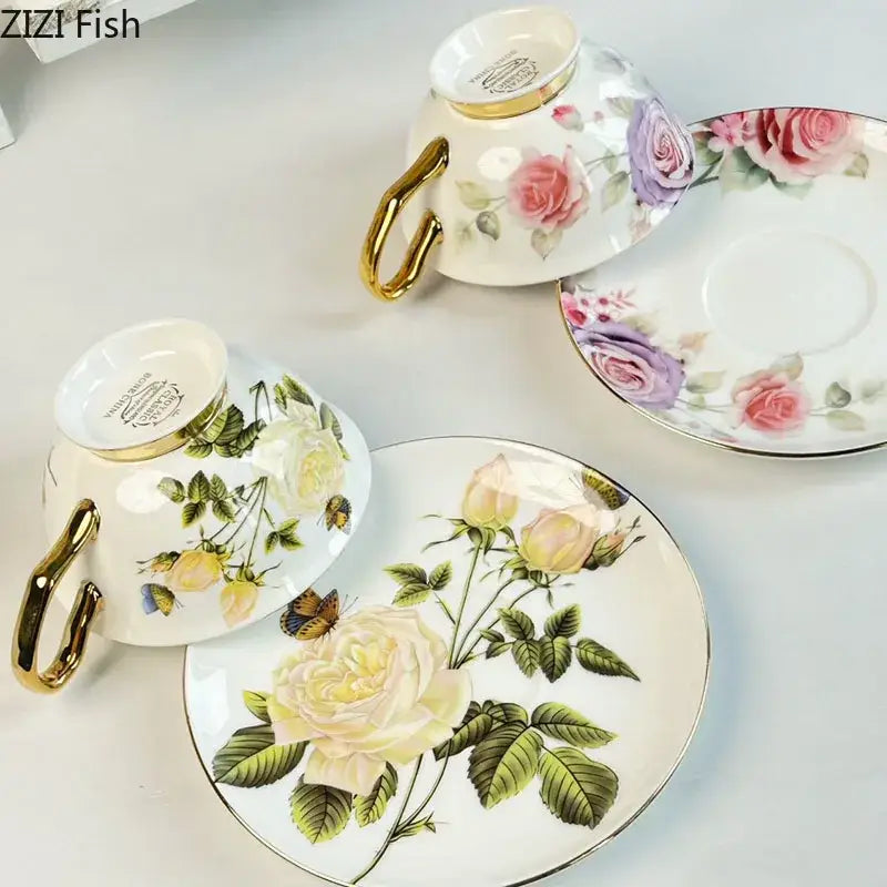 Floral pattern porcelain coffee cup and saucer set dining room tea mug