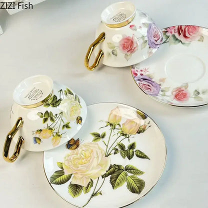 Floral pattern porcelain coffee cup and saucer set dining room tea mug