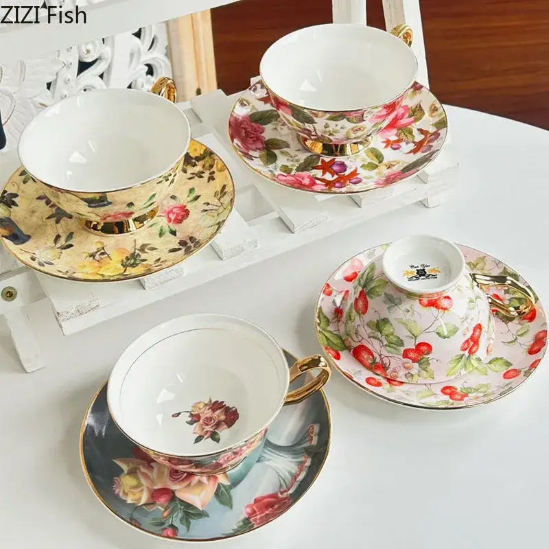 Floral pattern porcelain coffee cup and saucer set dining room tea mug