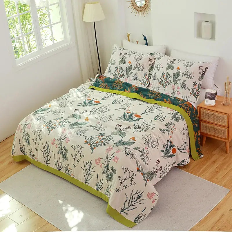 Floral pink and blue cotton gauze towel blanket bedroom throw