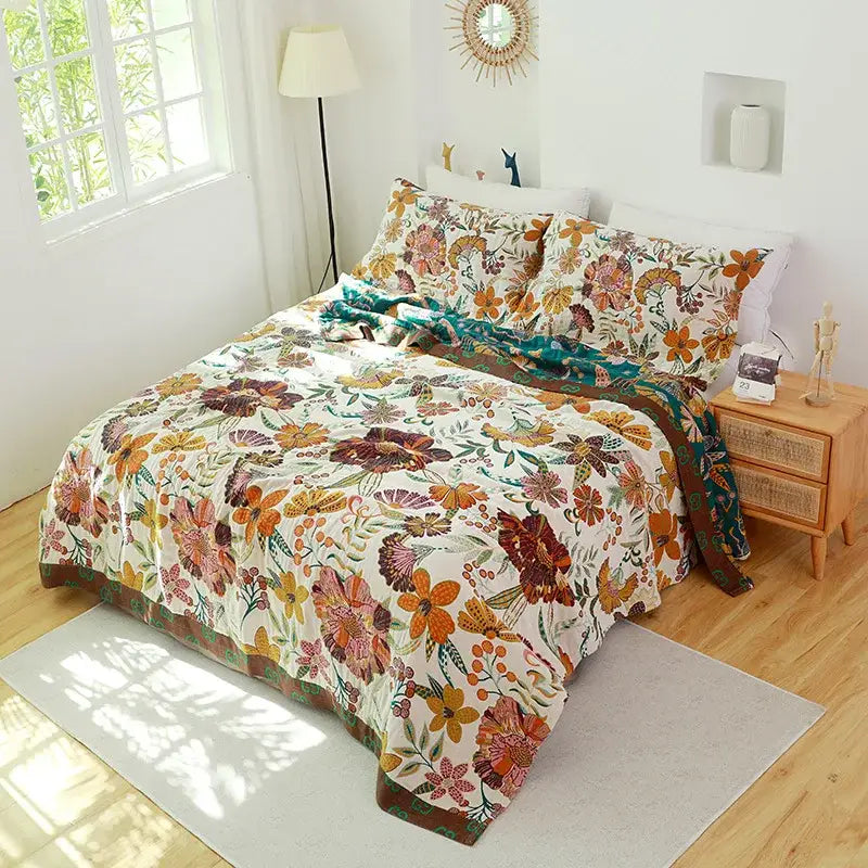 Floral pink and blue cotton gauze towel blanket bedroom throw