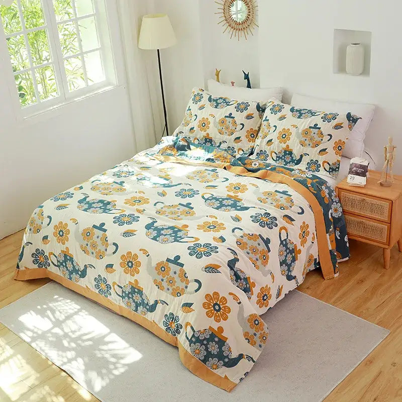 Floral pink and blue cotton gauze towel blanket bedroom throw