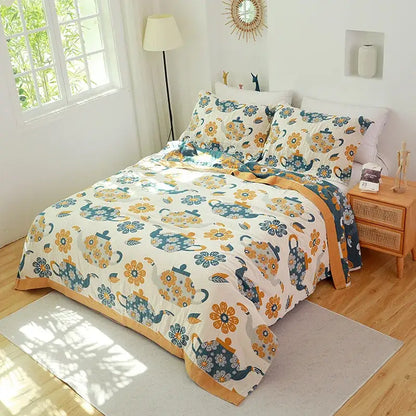 Floral pink and blue cotton gauze towel blanket bedroom throw