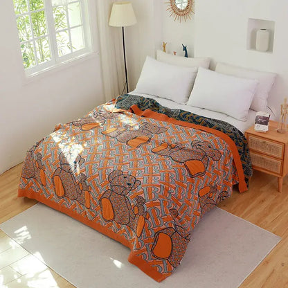 Floral pink and blue cotton gauze towel blanket bedroom throw