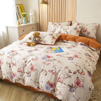 Floral pink & blue flower print bedding set bedroom soft cotton