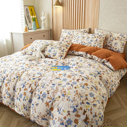 Floral pink & blue flower print bedding set bedroom soft cotton