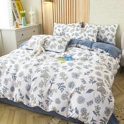 Floral pink & blue flower print bedding set bedroom soft cotton