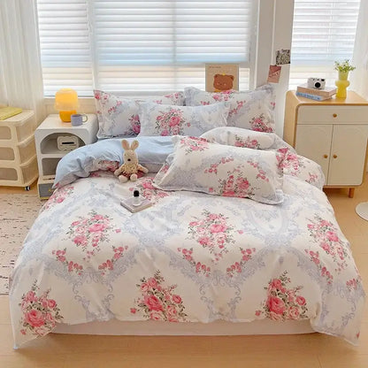 Floral pink & blue rose cotton printed bedding set bedroom comforter