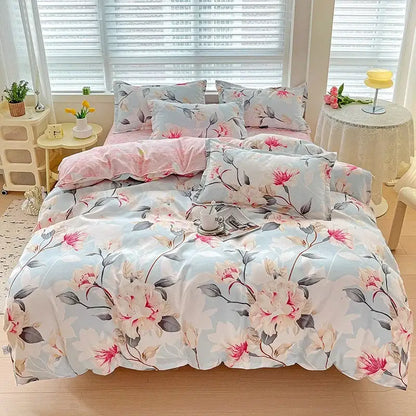 Floral pink & blue rose cotton printed bedding set bedroom comforter