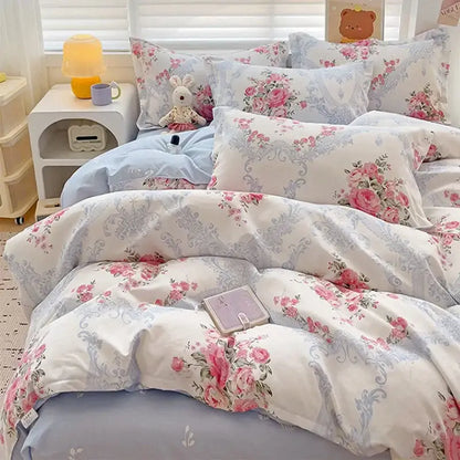 Floral pink & blue rose cotton printed bedding set bedroom comforter