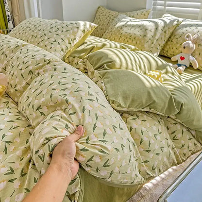Floral pink & cream cotton flower printed comforter set bedroom bedding
