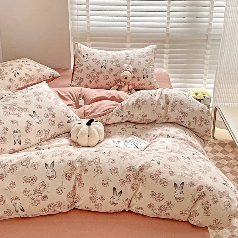 Floral pink & cream cotton flower printed comforter set bedroom bedding