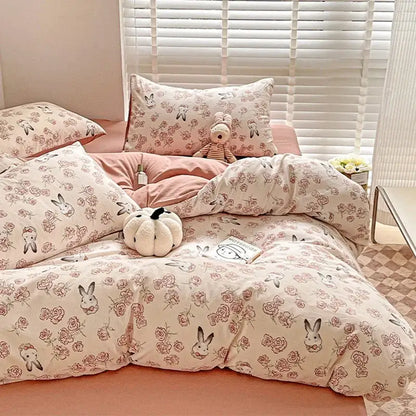 Floral pink & cream cotton flower printed comforter set bedroom bedding