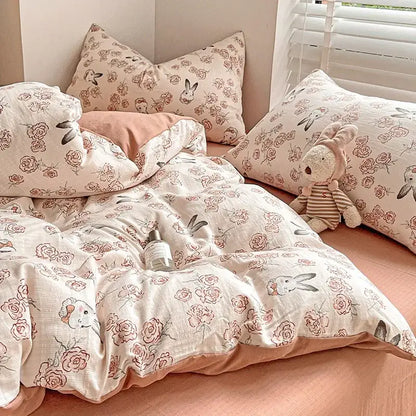 Floral pink & cream cotton flower printed comforter set bedroom bedding