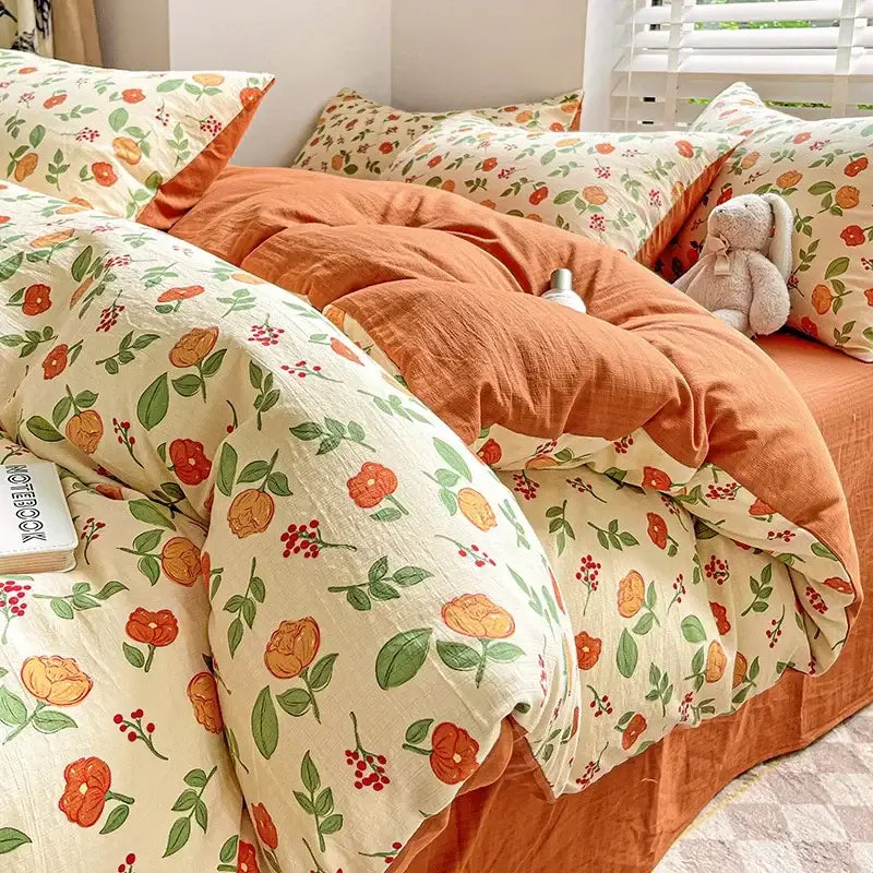 Floral pink & cream cotton flower printed comforter set bedroom bedding
