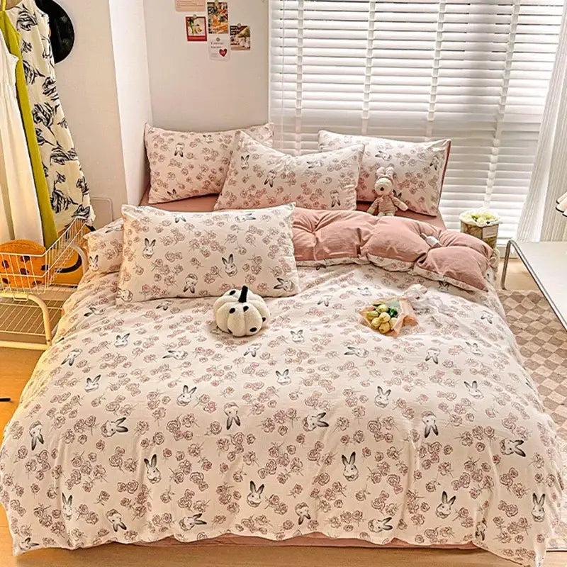 Floral pink & cream cotton flower printed comforter set bedroom bedding