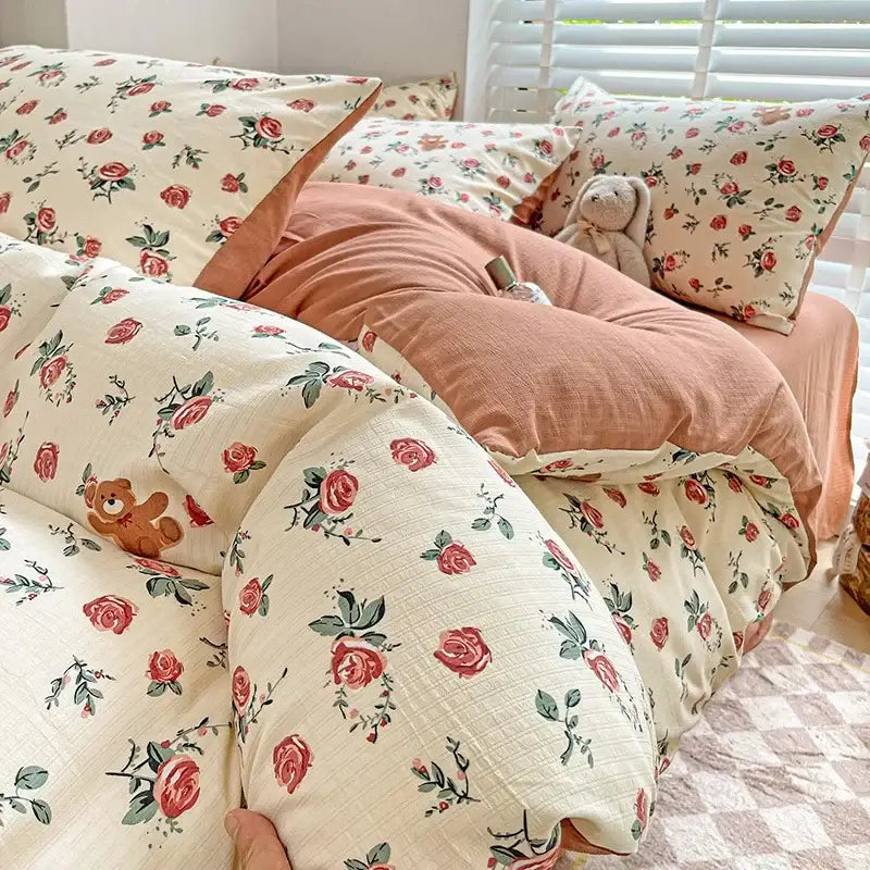 Floral pink & cream cotton flower printed comforter set bedroom bedding