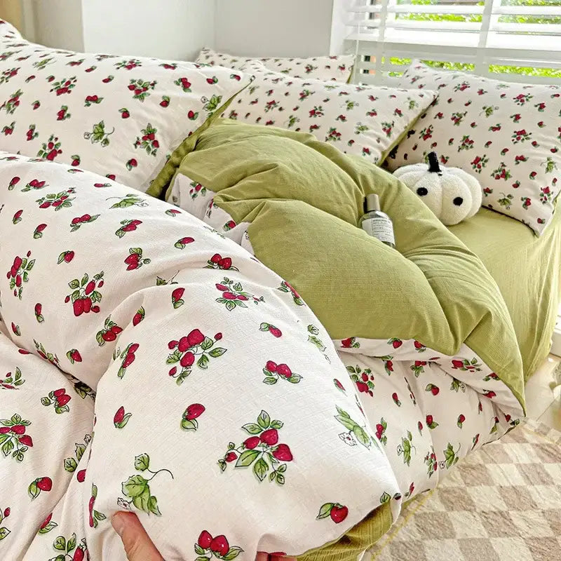 Floral pink & cream cotton flower printed comforter set bedroom bedding